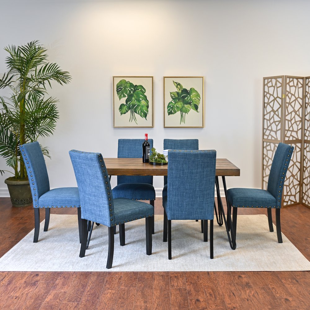 Amisos 7-Pc Dining Set, Hairpin Dining Table with 6 Chairs, Blue. Picture 2