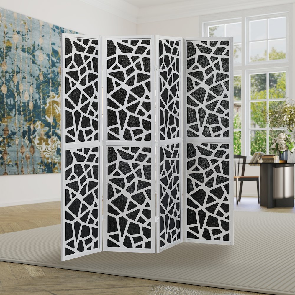 4-Panel Wood Room Divider, Folding Portable Partition Screen, Black and Silver. Picture 4