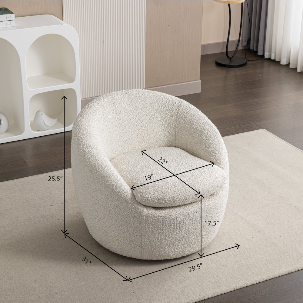 Winnie Modern Teddy Boucle Fabric Barrel Chair, 360 Degree Swivel, White. Picture 10