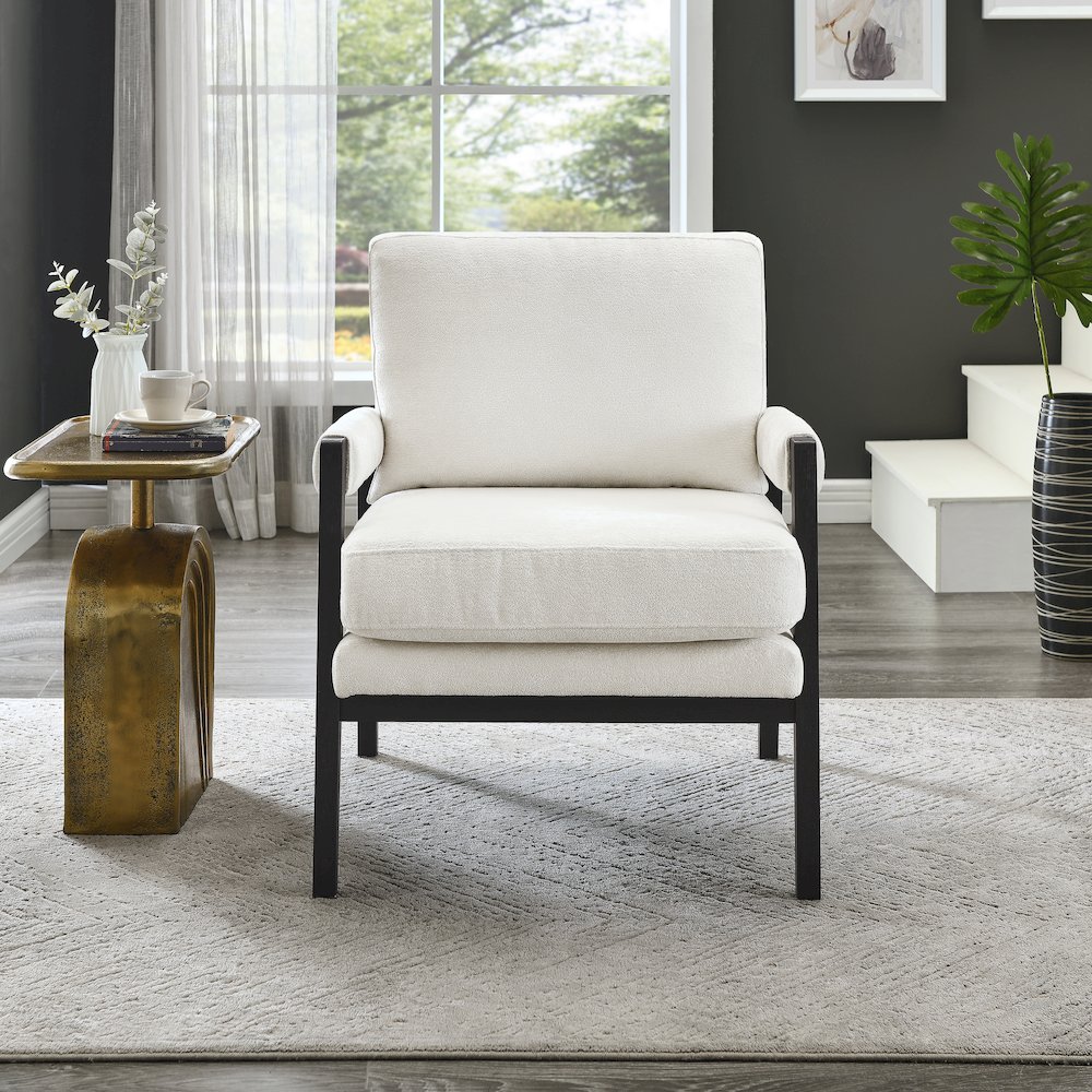 Kelly Mid-Century Modern Chenille Upholstered Accent Armchair, White. Picture 3