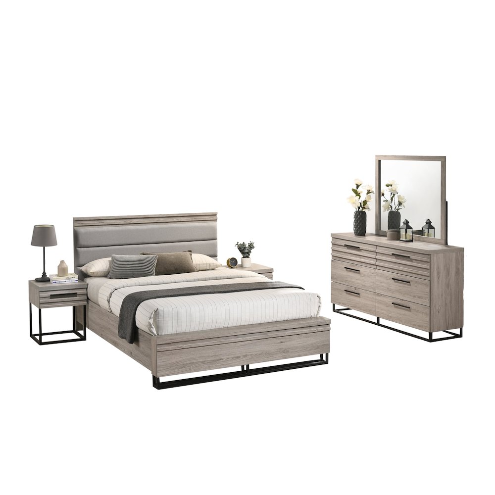 Panel Bed, Dresser, Mirror, and 2 Nightstands, Weathered Gray, Queen. Picture 1