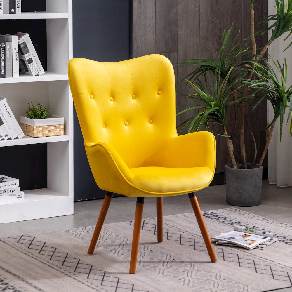 Doarnin Contemporary Silky Velvet Tufted Button Back Accent Chair, Yellow. Picture 2