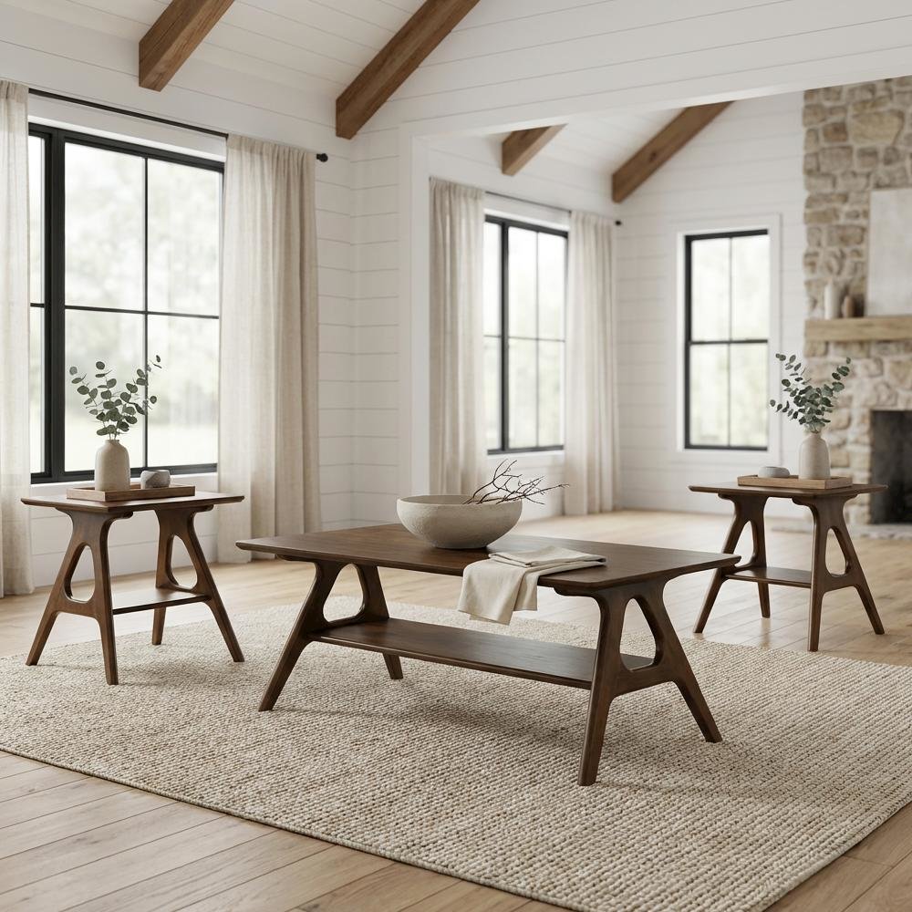 Wood 3-Piece Coffee Table Set with Mid-Century Modern Design and Sturdy Build. Picture 2