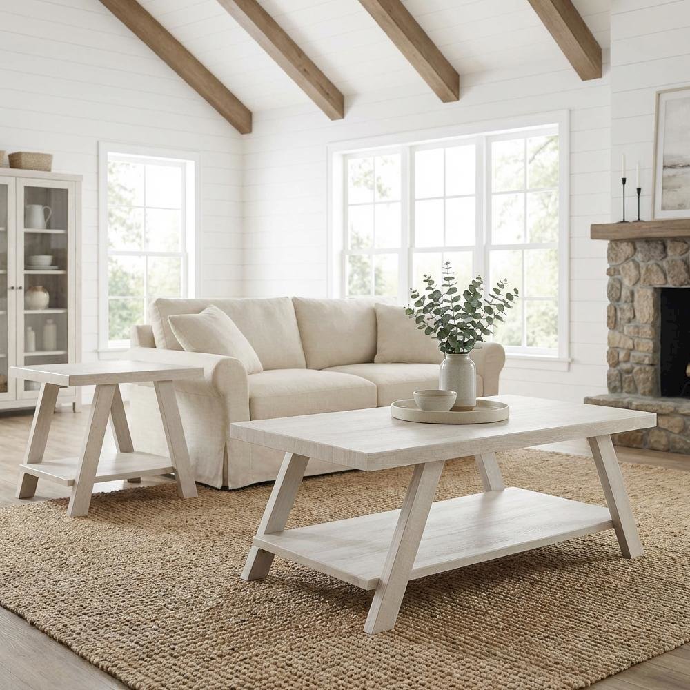 White Wood Shelf Coffee Table with Storage and Modern Design. Picture 2