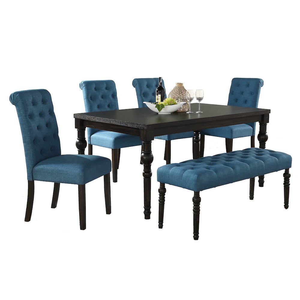 Leviton Urban Style Dark Wash Wood Dining Set: Table, 4 Chairs and Bench, Blue. Picture 1