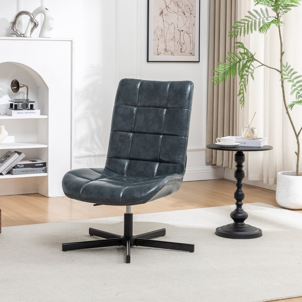 Arlena Faux Leather Tufted Swivel Accent Chair, Blue. Picture 3