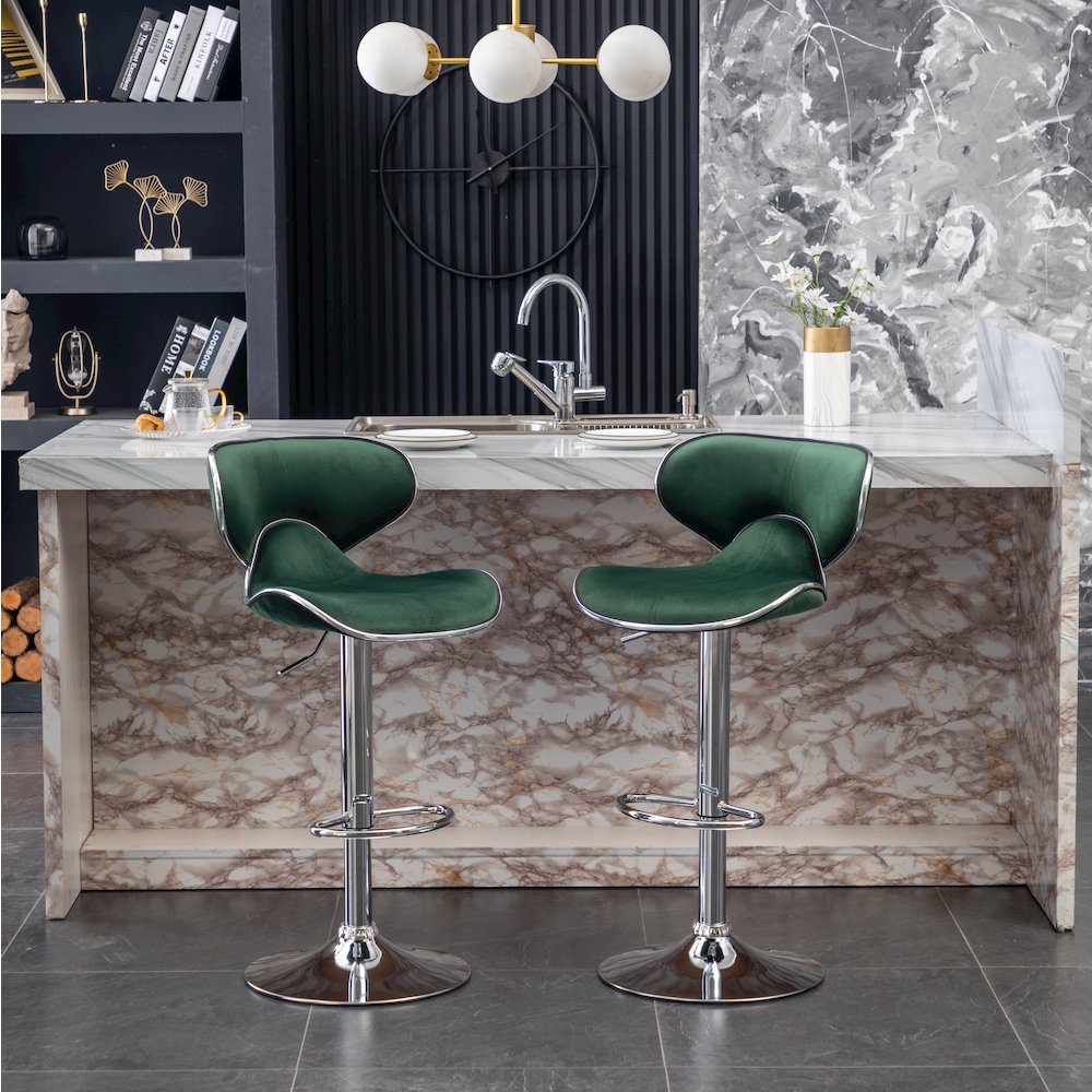 Masaccio Velvet Upholstered Adjustable Swivel Barstool, Set of 2, Green. Picture 3