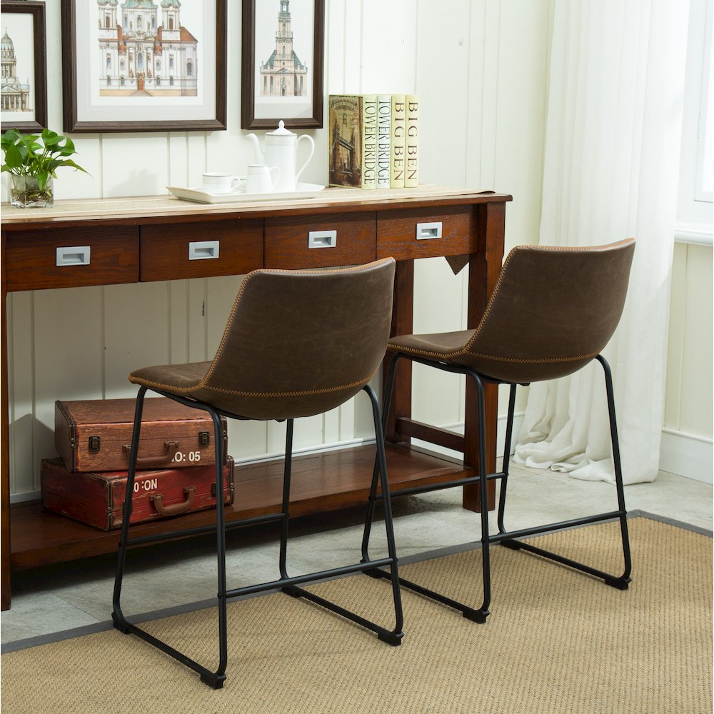 Lotusville Vintage PU Leather Counter Height Stools, Antique Brown, Set of 2. Picture 4