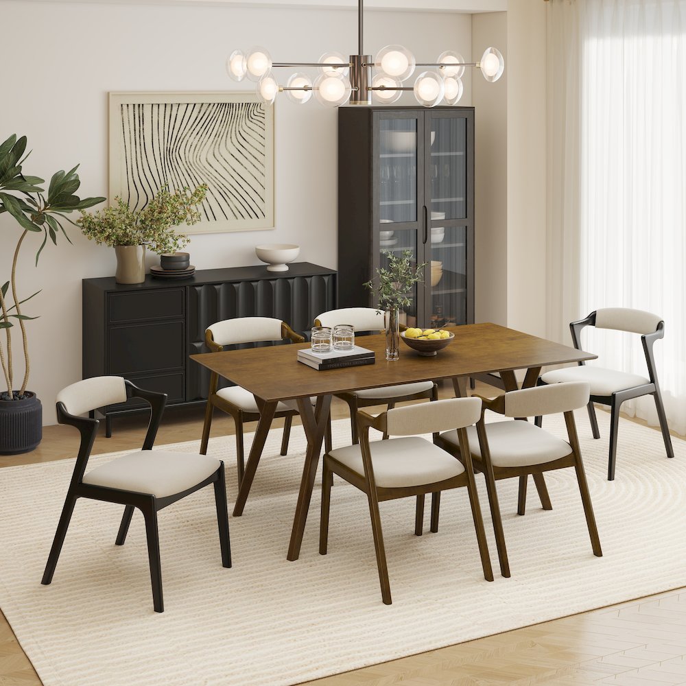 Lavin Modern 7-Piece Dining Set, Dining Table with 2 Black and 4 Walnut Chairs. Picture 2