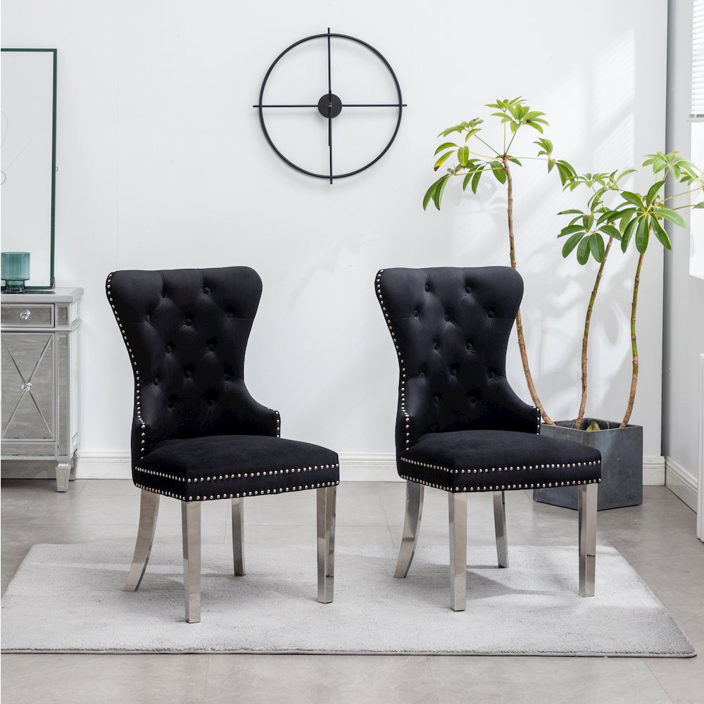Montura Contemporary Tufted Velvet Chair with Nailhead Trim, Set of 2, Black. Picture 3