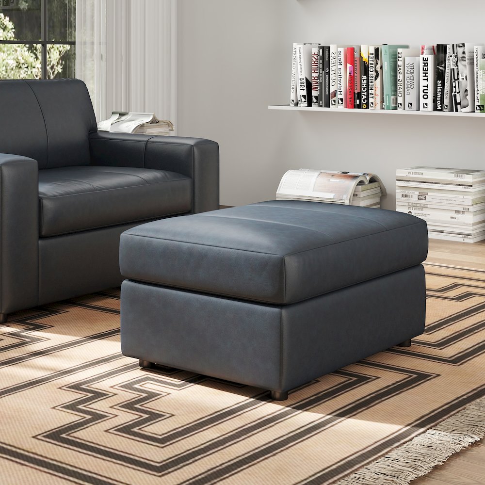 Sakan Leather Upholstered Ottoman, Blue. Picture 3
