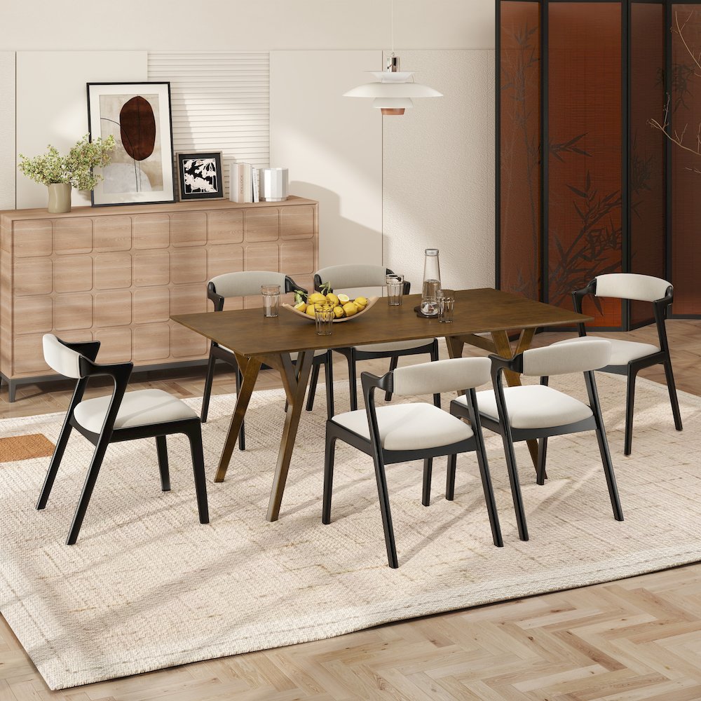 Modern 7-Piece Dining Set, Walnut Finished Dining Table with 6 Black Chairs. Picture 4