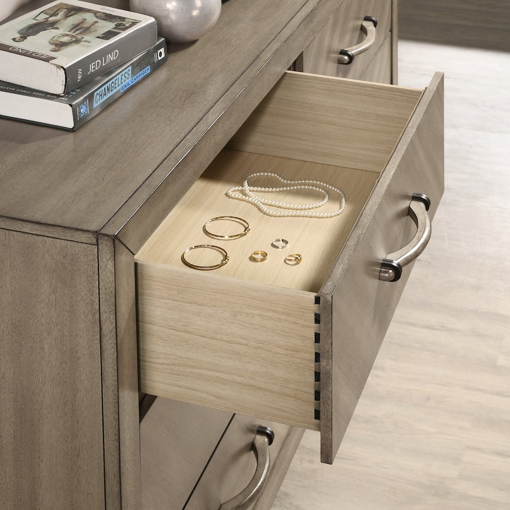 Wood Bedroom Set: Queen Bed, Dresser, Mirror, Nightstand in Weathered Sand. Picture 10