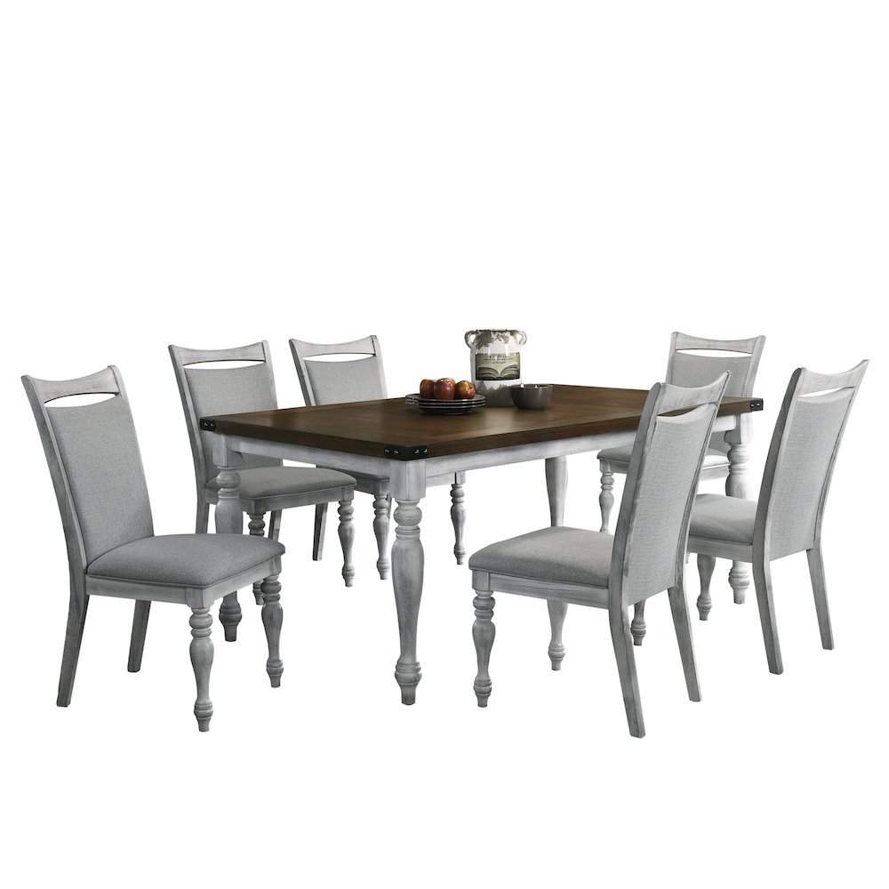 Salines 7 Piece Dining Table Set with 6 Upholstered Chairs, Rustic White and Oak. Picture 12