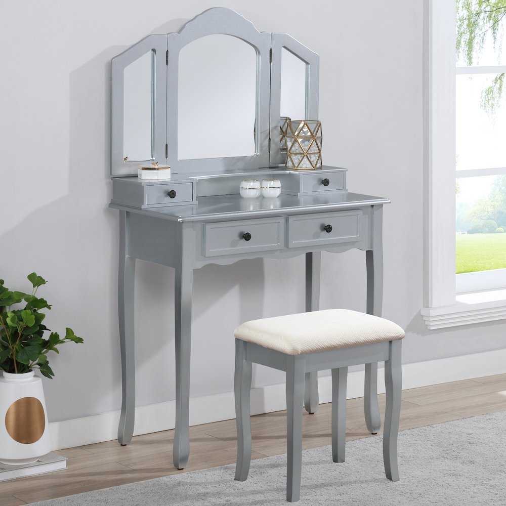 Sanlo Silver Finish Wood Vanity, Makeup Table and Stool Set. Picture 3