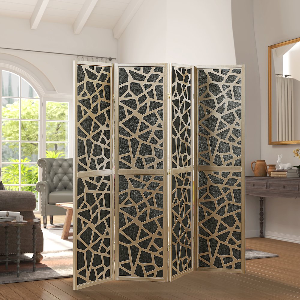4-Panel Wood Room Divider, Folding Portable Partition Screen, Black and Gold. Picture 4