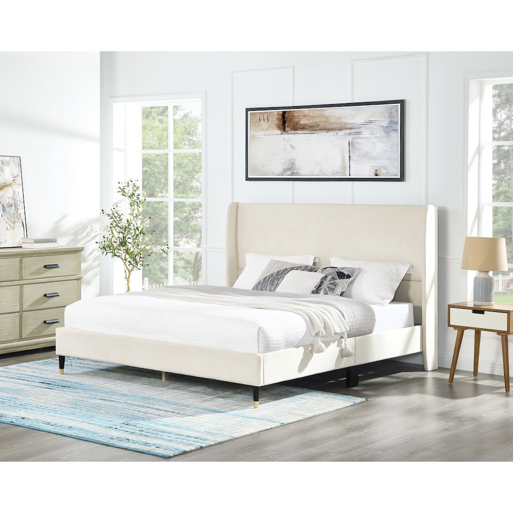 Rozitta Beige Velvet Wingback Platform Bed, Queen. Picture 4