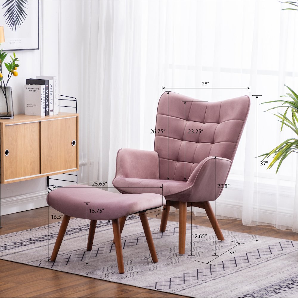 Leiria Contemporary Silky Velvet Tufted Accent Chair with Ottoman, Mauve. Picture 15