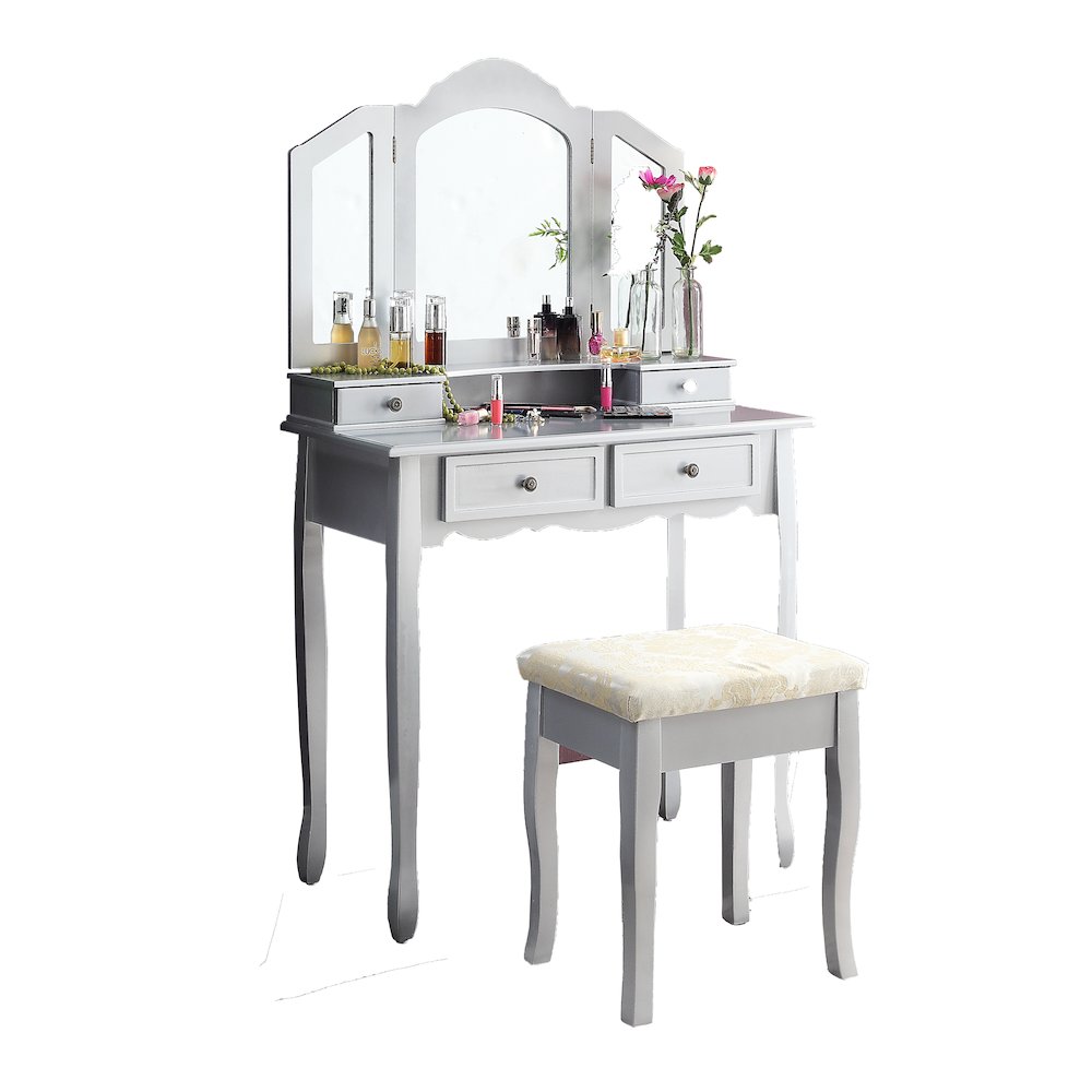Sanlo Silver Finish Wood Vanity, Makeup Table and Stool Set. Picture 6