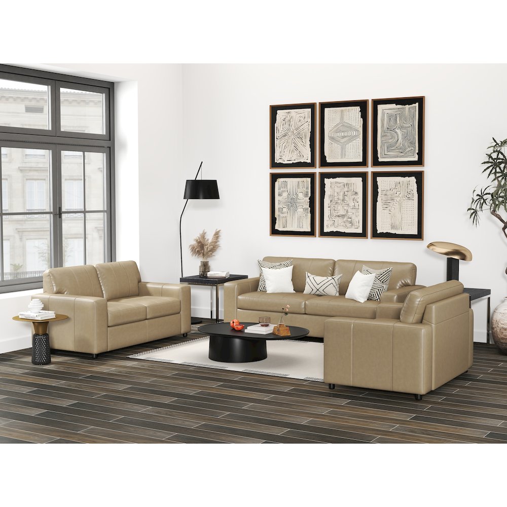 Sakan Leather 3-Pc Living Room Set, Sofa Loveseat and Chair, Beige. Picture 3