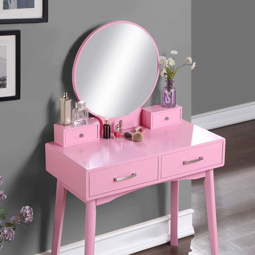 Liannon Contemporary Wood Vanity and Stool Set, Pink. Picture 4