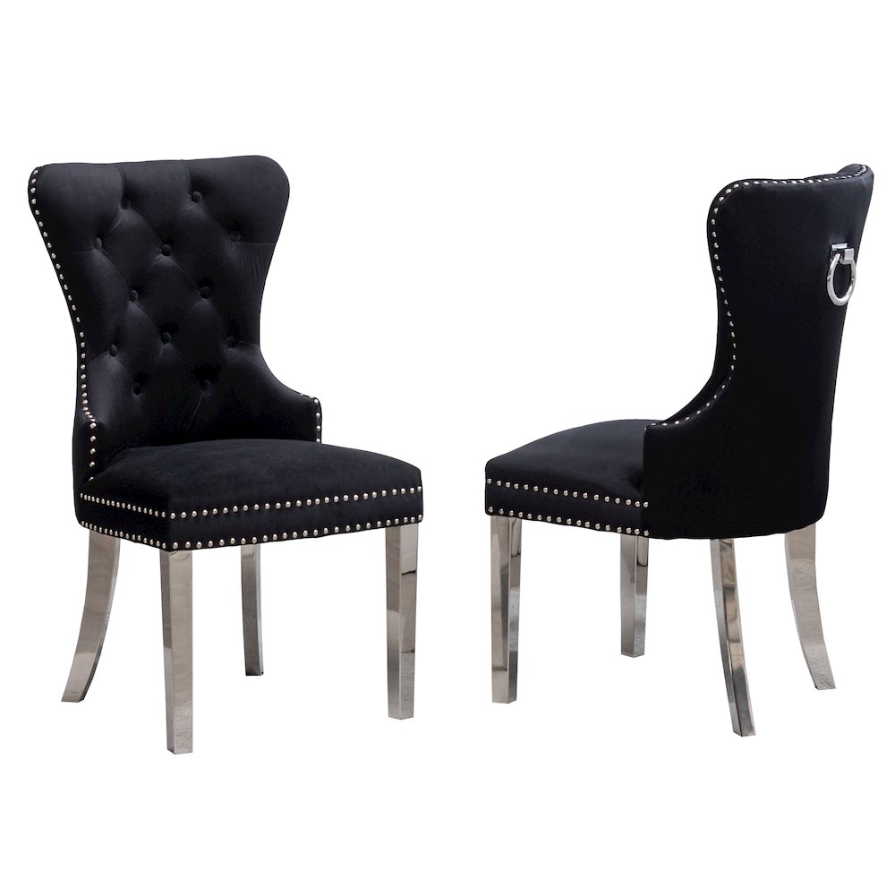 Montura Contemporary Tufted Velvet Chair with Nailhead Trim, Set of 2, Black. Picture 1