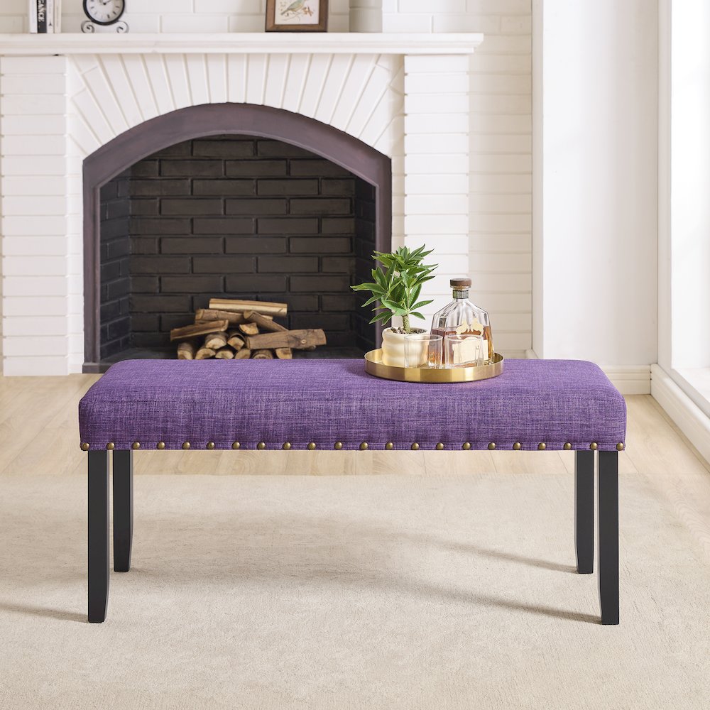 Biony Fabric Dining Bench with Nailhead Trim, Purple. Picture 3