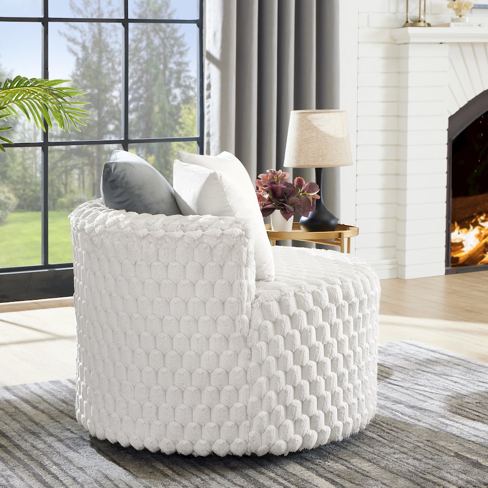 Malna Plush 3D Upholstered Barrel Accent Chair with Wheels, Off-white. Picture 4