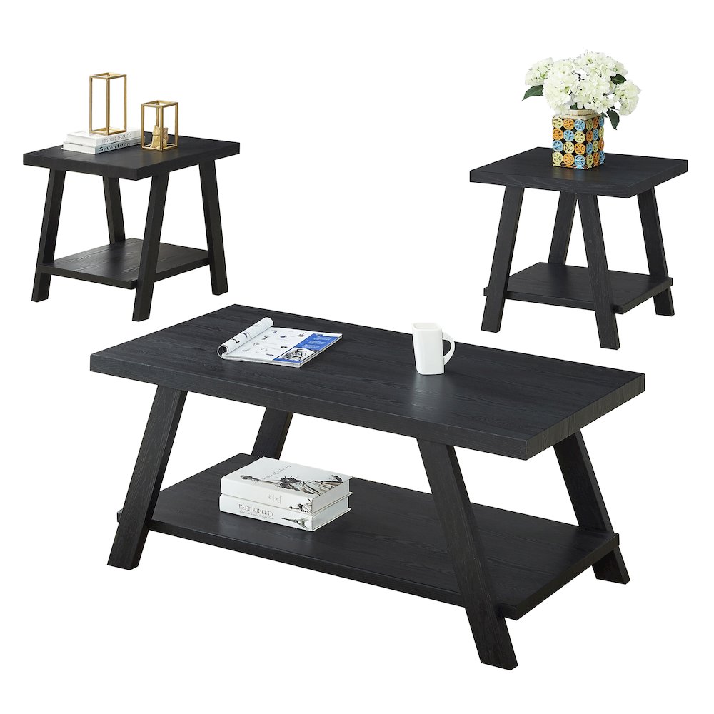 Athens Contemporary Replicated Wood Shelf Coffee Set Table in Black Finish. Picture 1