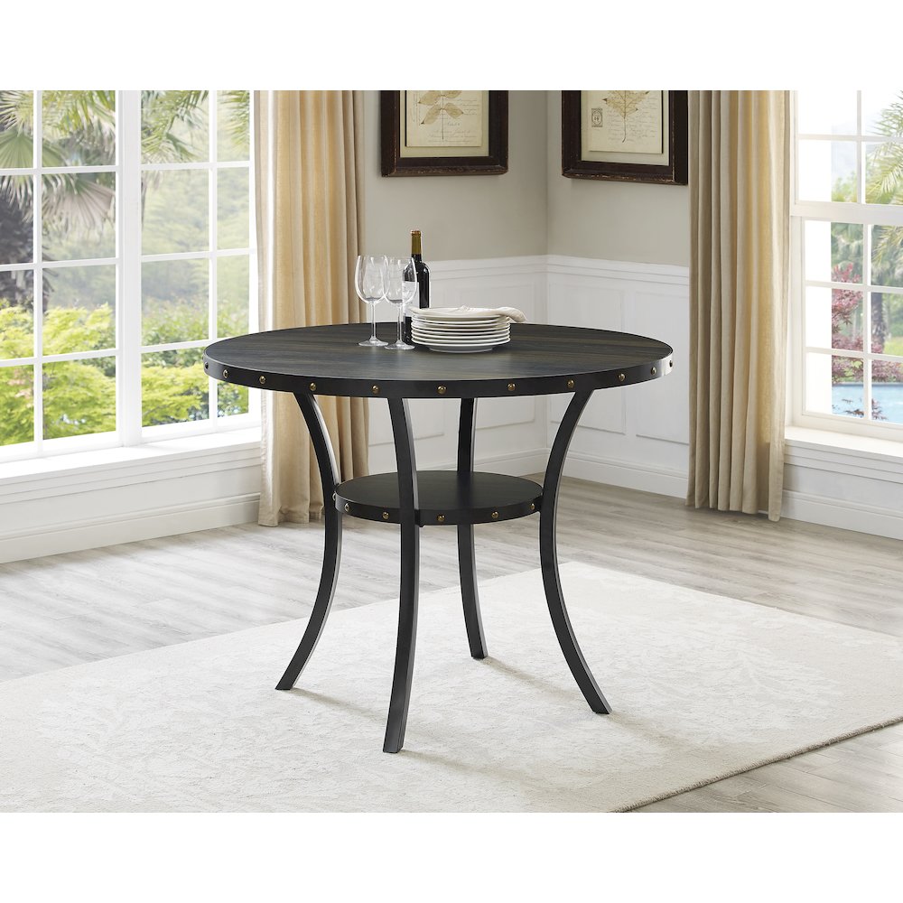 Biony Espresso Wood Counter Height Dining Set with Gray Fabric Nailhead Stools. Picture 2
