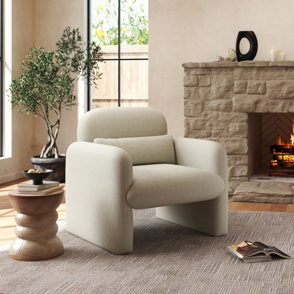 Dylan Modern Upholstered Barrel Armchair, Cream White. Picture 2