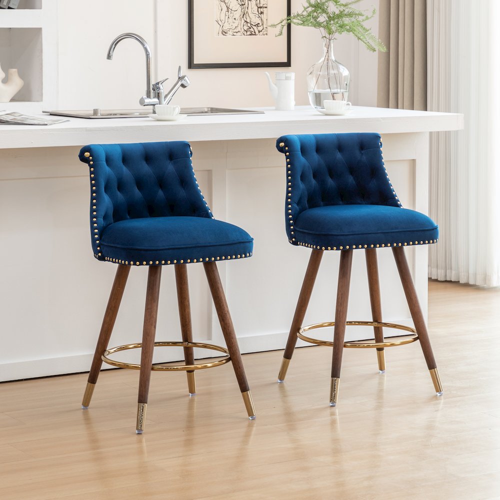 Elvara Set of 2 Button-Tufted Counter Stools with Nailhead Trim - Blue. Picture 4