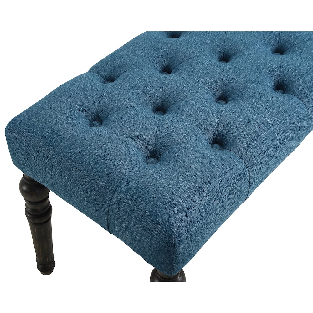 Leviton Fabric Tufted Turned Leg Dining Bench, Blue. Picture 2