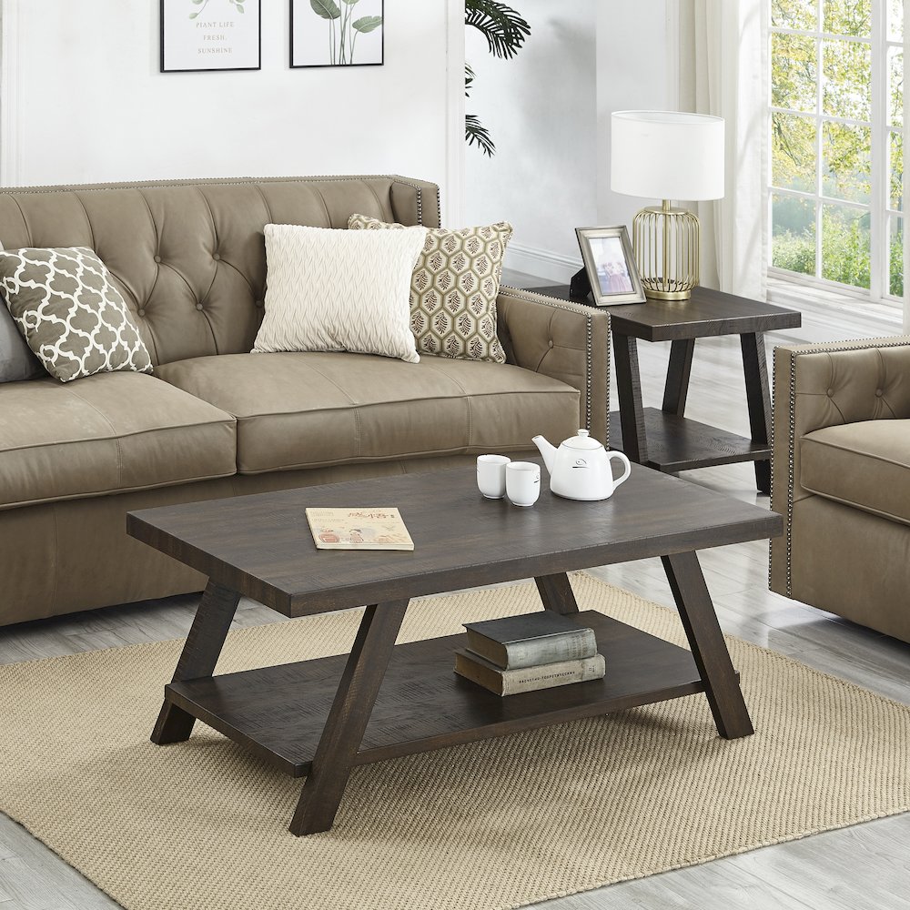 Athens Contemporary 3-Pc Wood Shelf Coffee Table Set in Weathered Espresso. Picture 4
