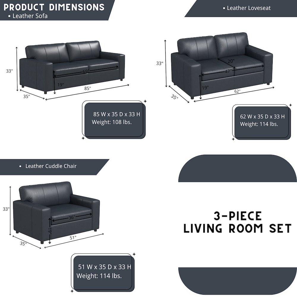 Sakan Leather 3-Pc Living Room Set, Sofa Loveseat and Chair, Blue. Picture 15