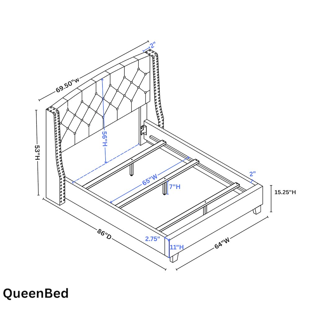 3-Piece Upholstered Bedroom Set, Tufted Wingback Bed, 2Gray Nightstands, Queen. Picture 13