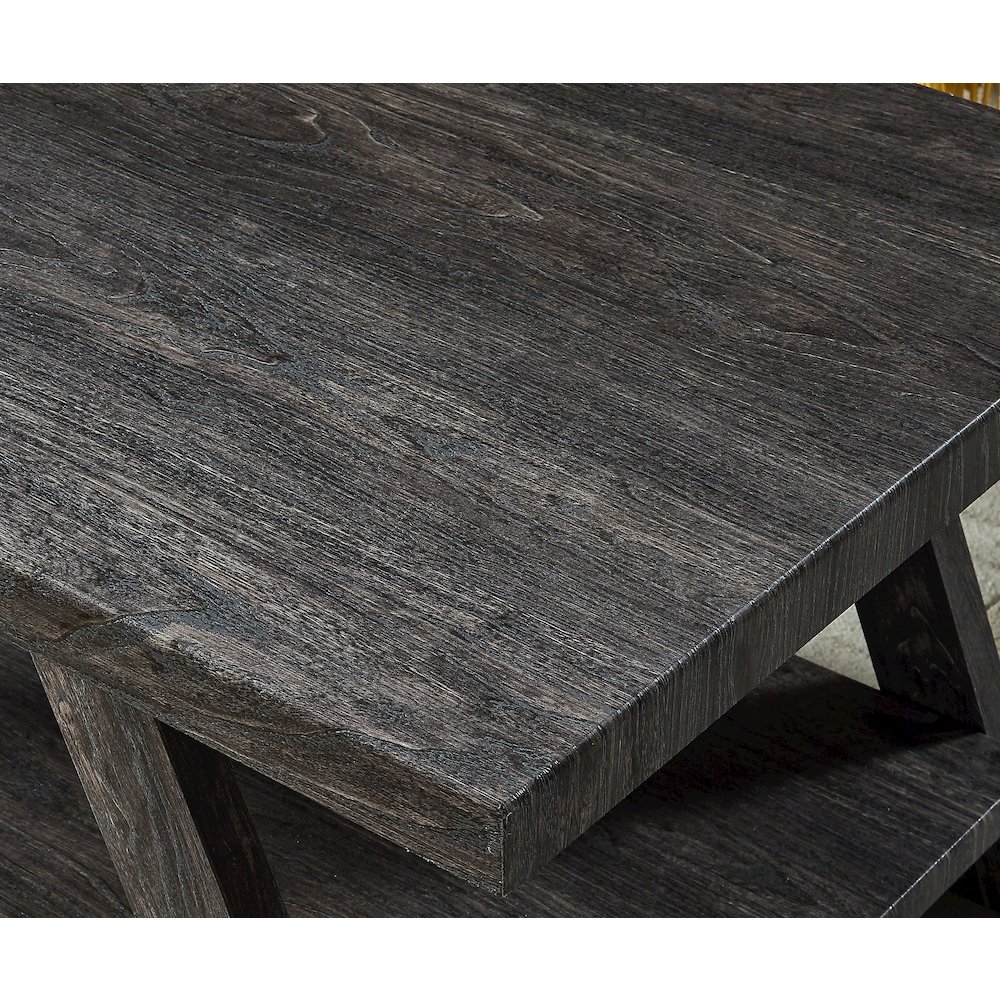 Athens Contemporary Replicated Wood Shelf Coffee Table in Charcoal Finish. Picture 6
