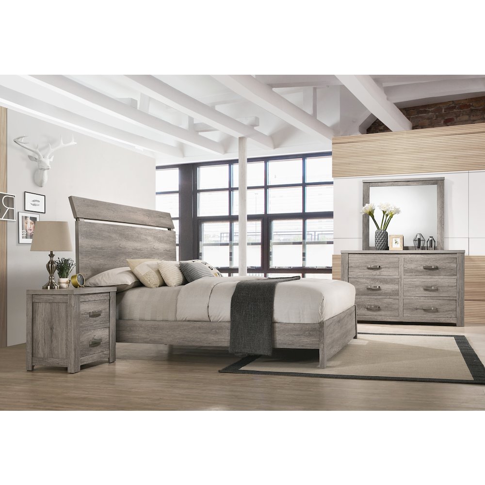 Weathered Gray Wood Bedroom Set, Queen Bed, Dresser, Mirror,2 Nightstands, Chest. Picture 4