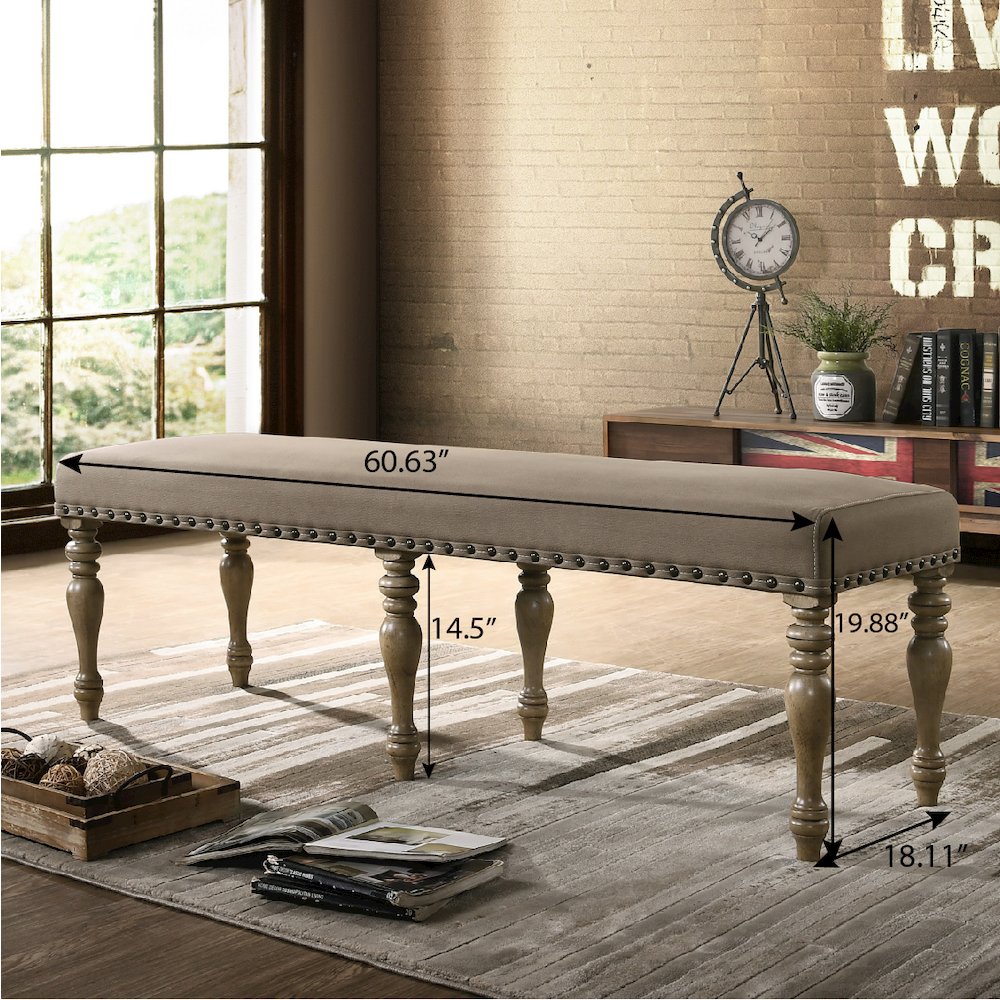 Birmingham Microfiber Upholstered Bench with Nail Head Trim in Driftwood Finish. Picture 6