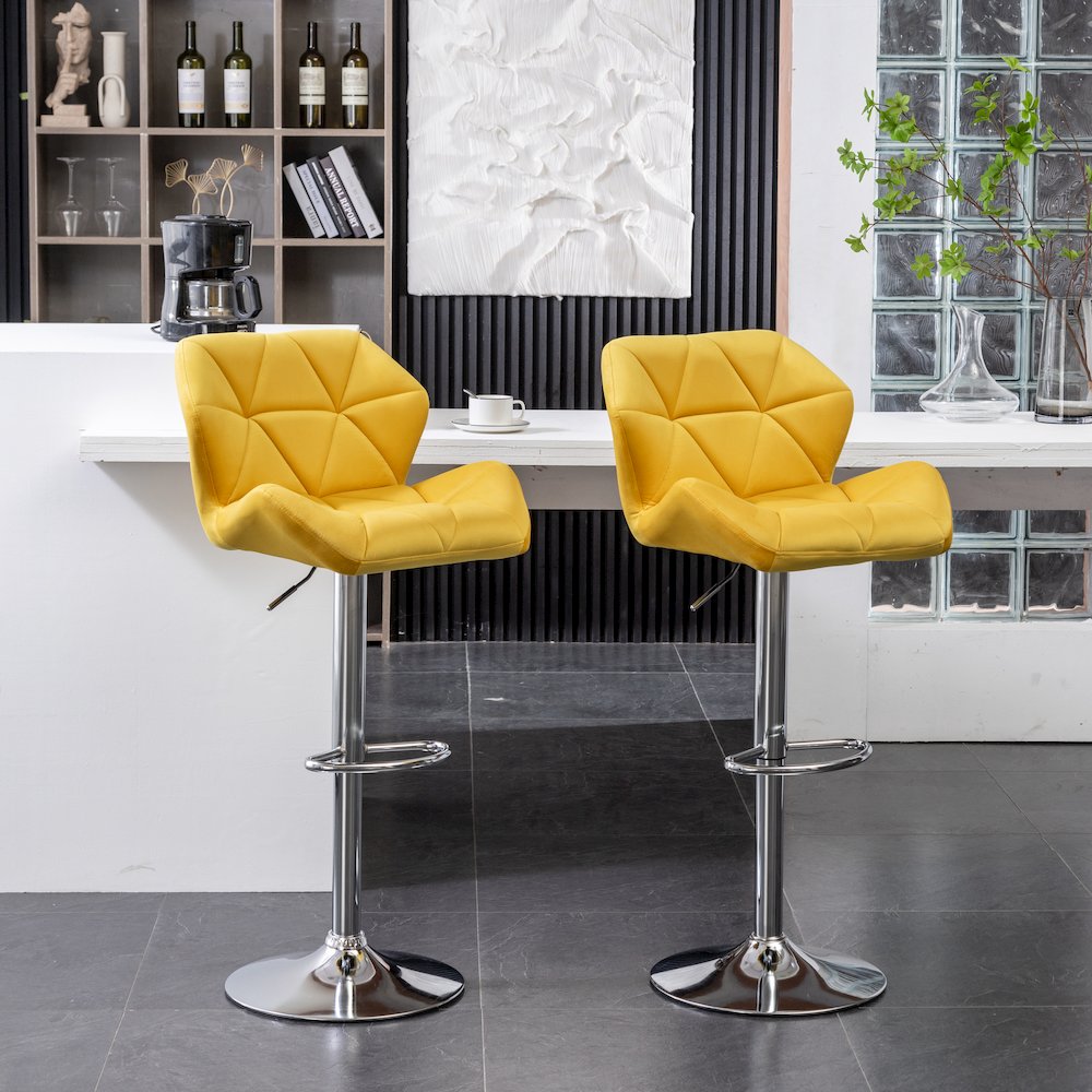 Breni Velvet Diamond Tufted Swivel Adjustable Height Barstool, Set of 2, Yellow. Picture 4