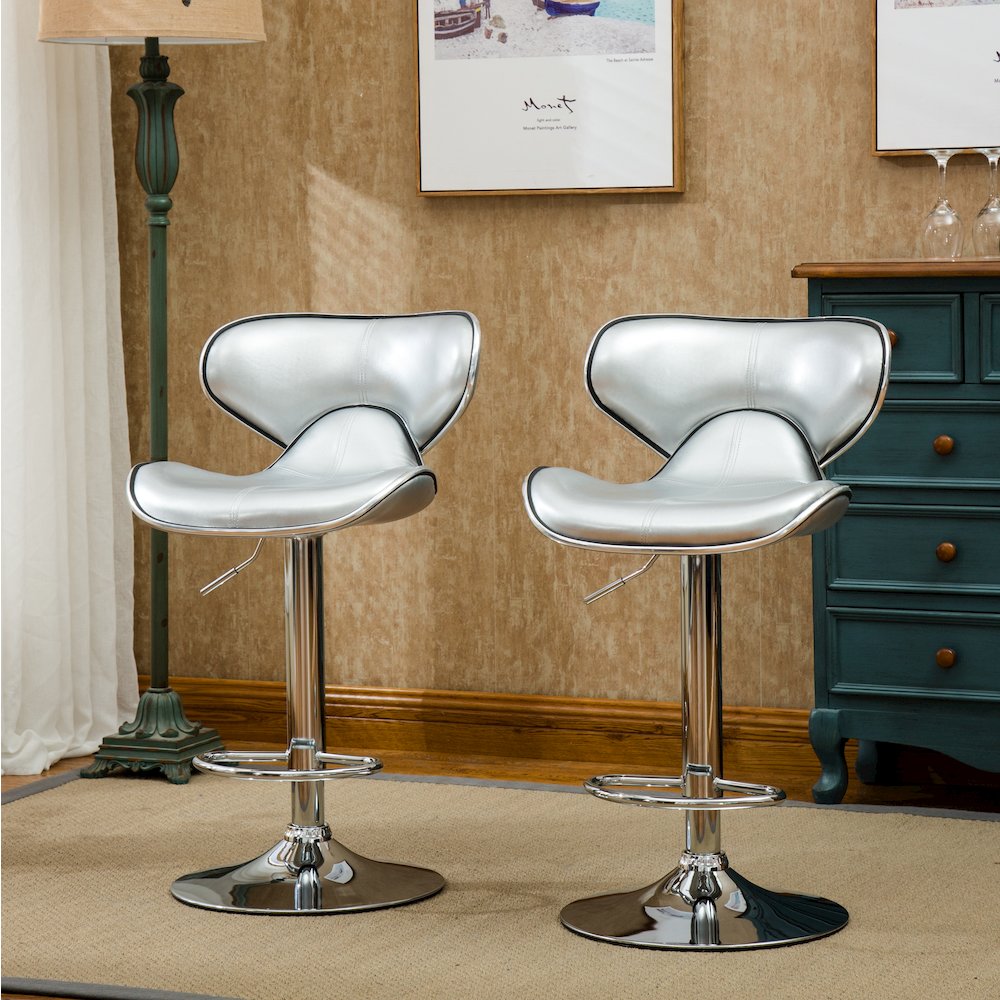 Masaccio Silver Leatherette Adjustable Swivel Barstool Chrome Base, Set of 2. Picture 4