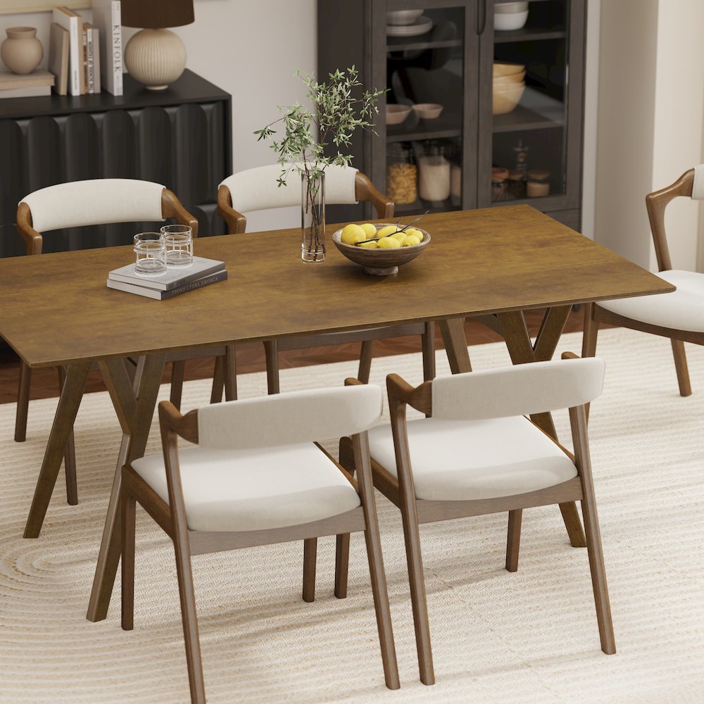 Modern 7-Piece Dining Set, Walnut Finished Dining Table with 6 Brown Chairs. Picture 15