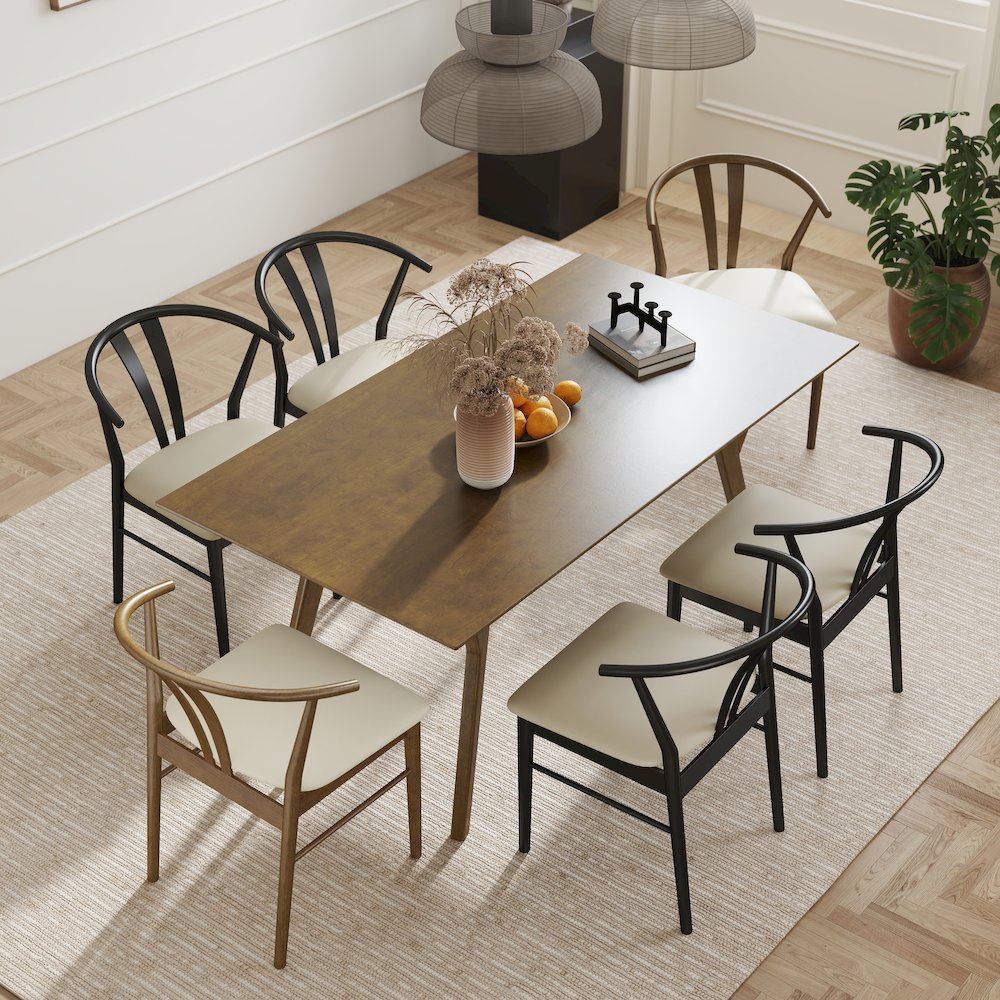7-Piece Dining Set, Wood Dining Table with 2 Walnut and 4 Black Wishbone Chairs. Picture 6