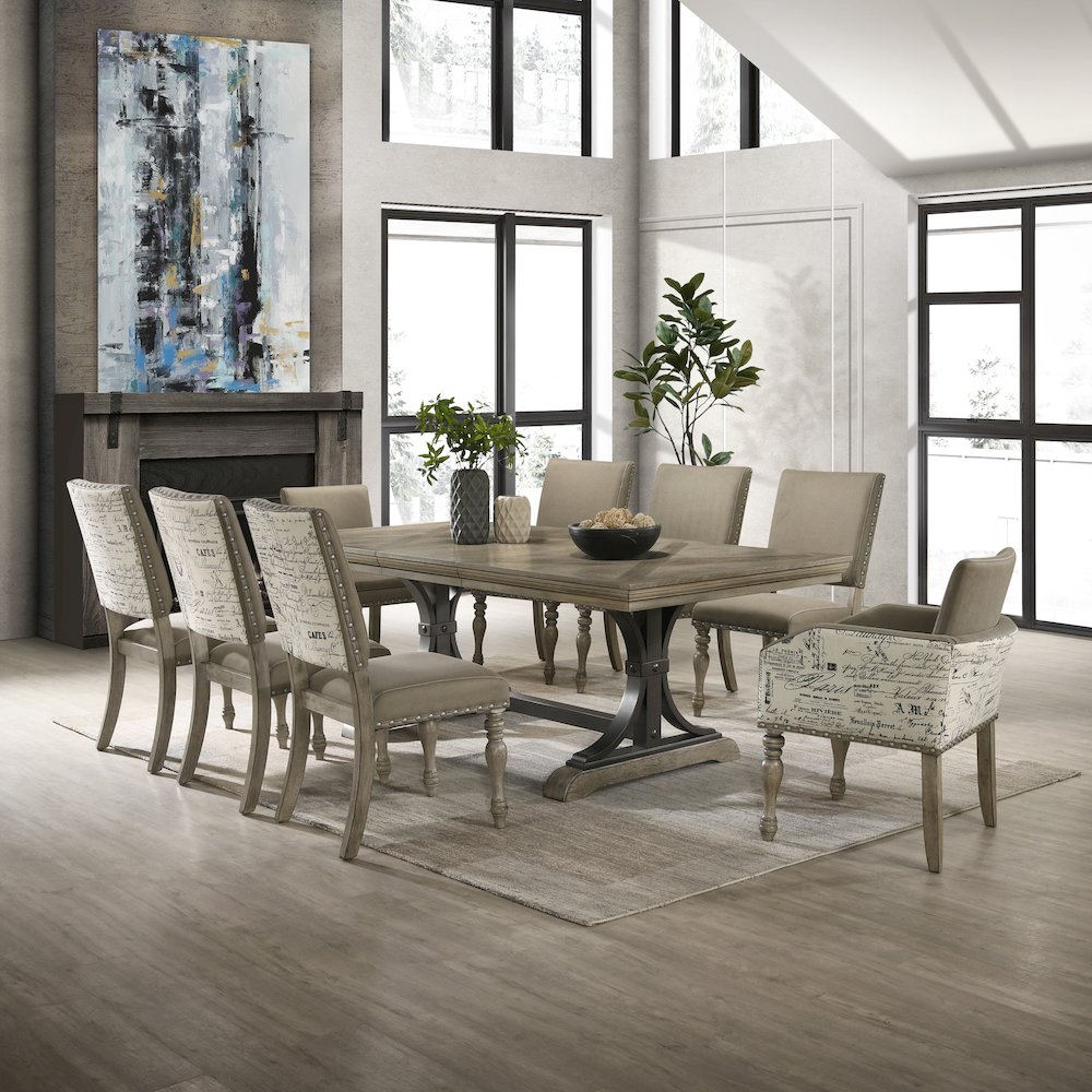 9-Piece Extendable Table with Nailhead Armchairs Dining Set, Driftwood. Picture 2