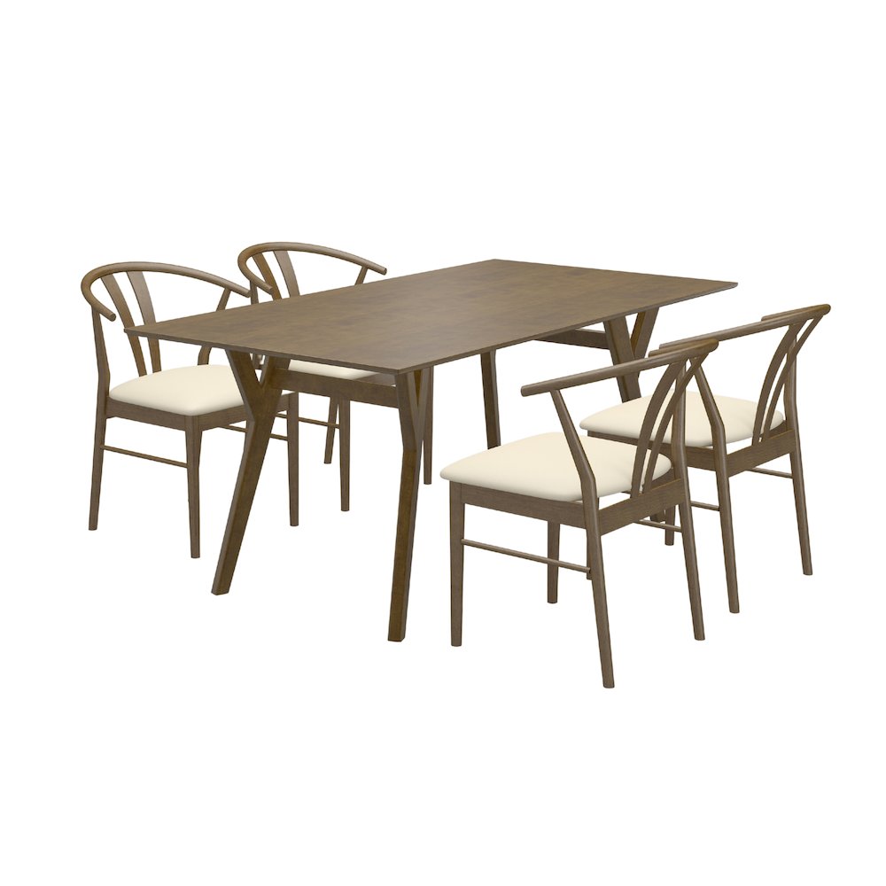 5-Piece Dining Set, Walnut Finished Dining Table with 4 Brown Wishbone Chairs. Picture 1