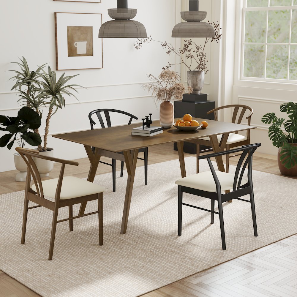 5-Piece Dining Set, Dining Table with 2 Walnut and 2 Black Wishbone Chairs. Picture 2