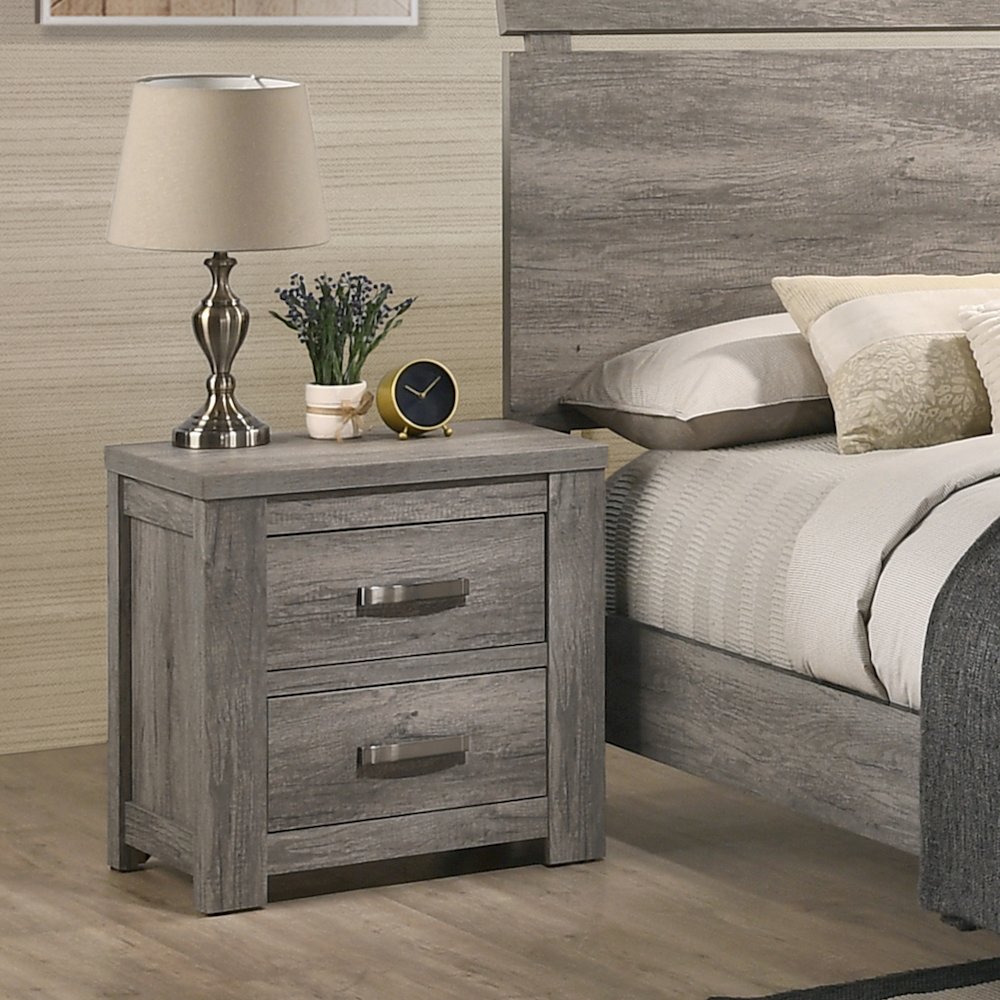 Floren Weathered Gray Wood 3-Piece Bedroom Set, Queen Bed with 2 Nightstands. Picture 6