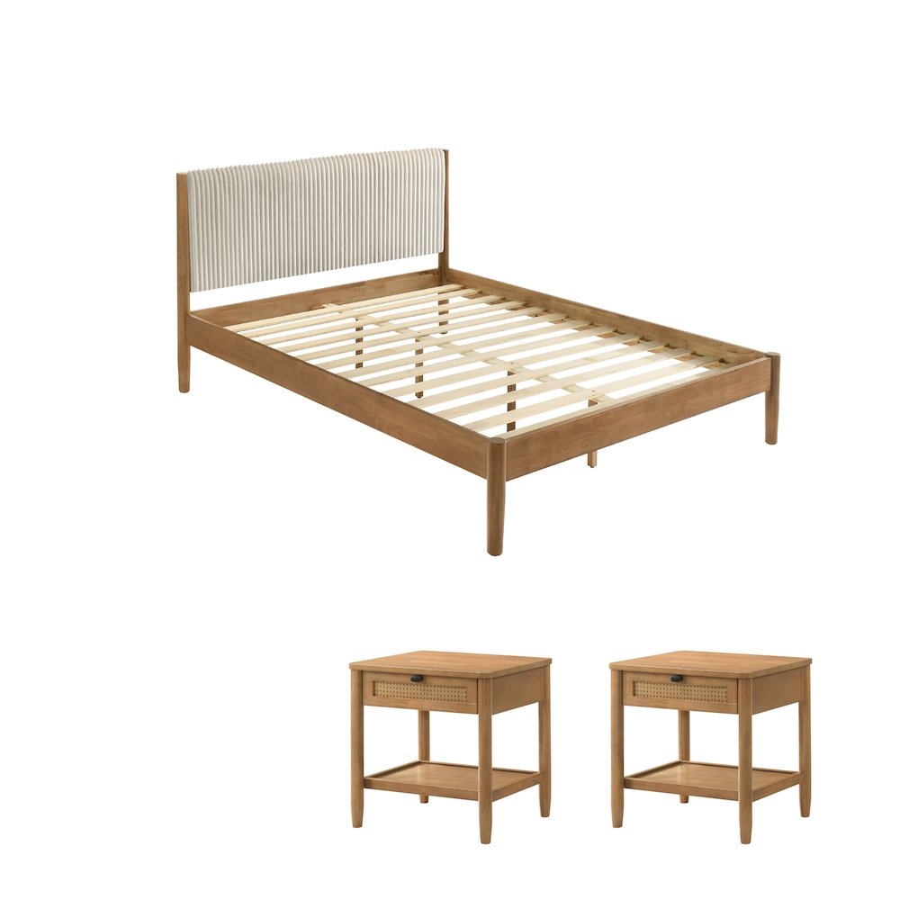 Vichy Rubberwood Bedroom Set with CorduroyUpholstered Queen Bed and 2Nightstands. Picture 1