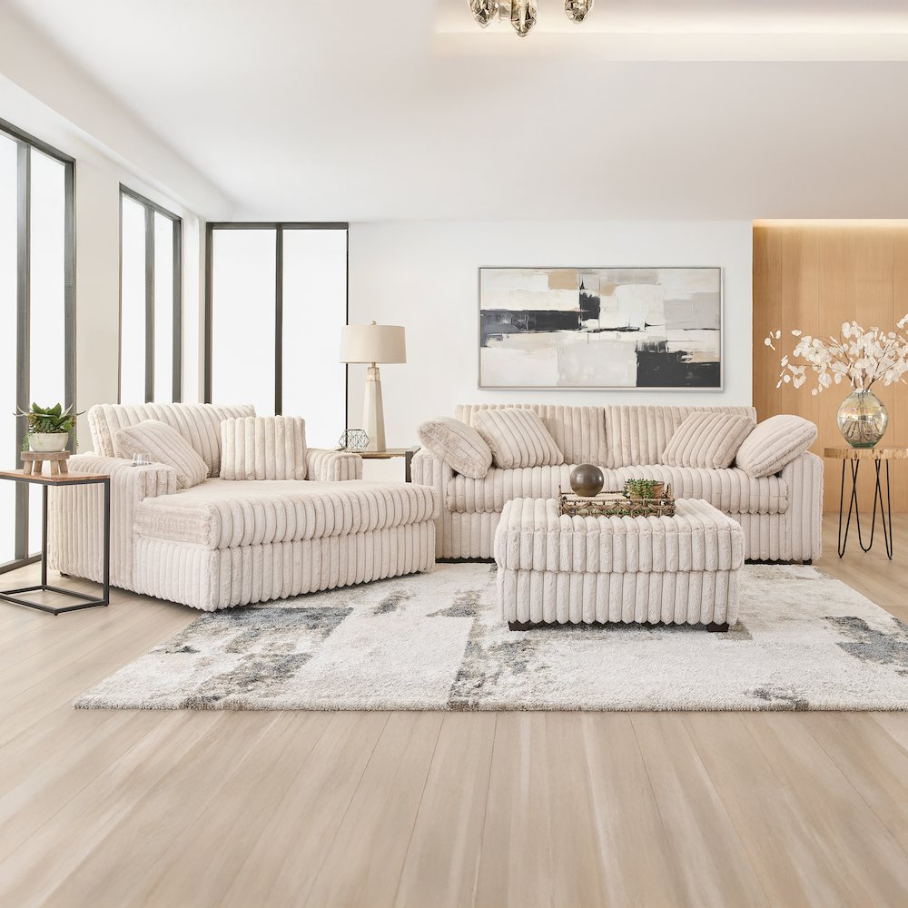 Belvoir 3-Piece Living Room Set, Sofa Cuddle Chaise and Ottoman, Beige Champagne. Picture 2