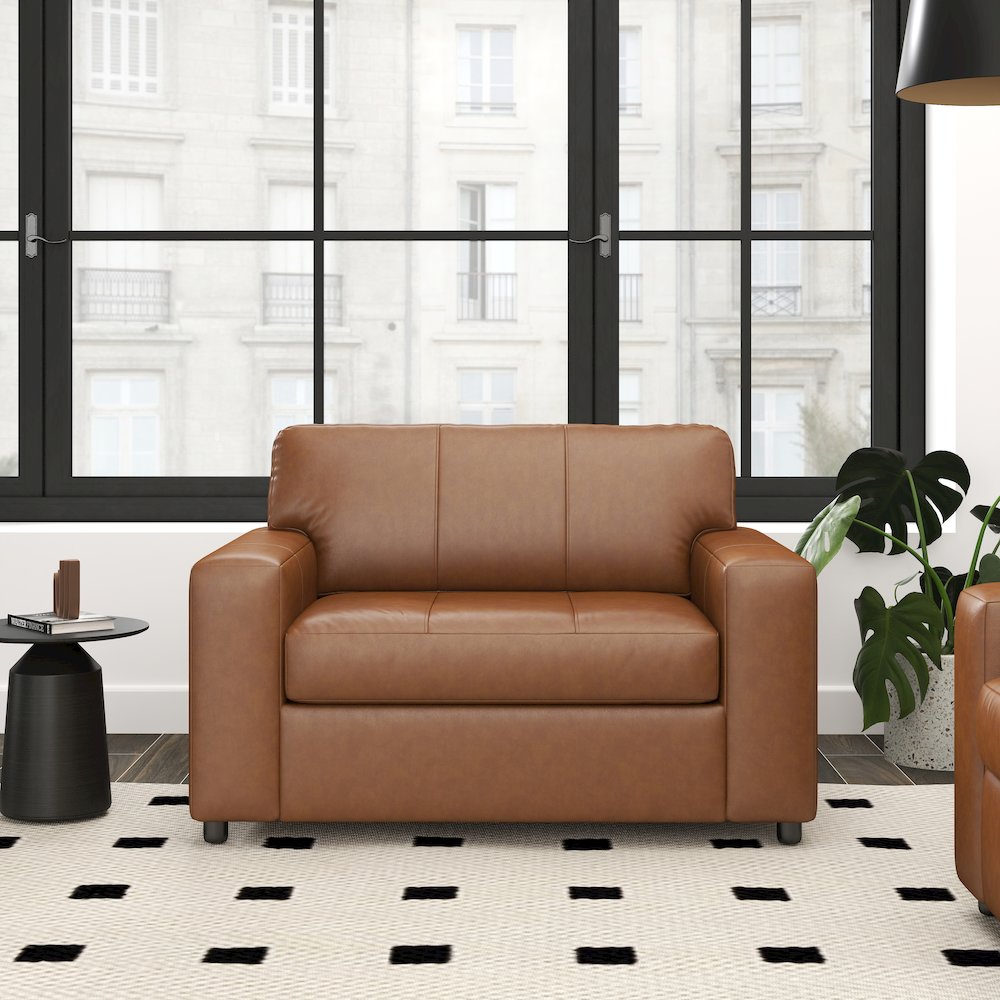 Sakan Leather Upholstered Cutler Lounge Chair, Caramel. Picture 3